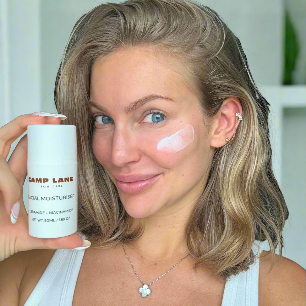 camp lane facial moisturiser with model